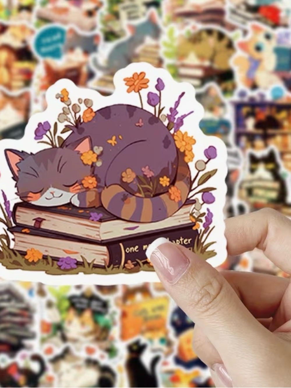 50 Sleepy Kitty Cats on Books Stickers Flowers Library Stack of Books - Picture 2 of 6
